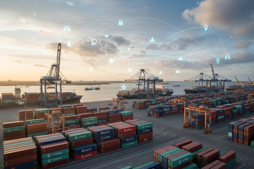 A busy shipping port at sunset features stacked cargo containers and cranes with a digital network overlay of connected icons.